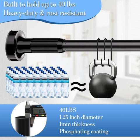 Heavy Duty Tension Curtain Rod 48 To 140 Inch No Drilling Easy Install Extra Long Shower Rod For Closet Bathroom Windows Black Steel