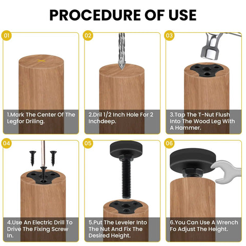 Procedure for installing Adjustable Leveling Feet Set 4 Pack Three Eighths Inch 16 Threaded Heavy Duty Beefy Leg Levelers