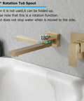 Gold wall-mounted tub spout with 180° rotation above a bathtub