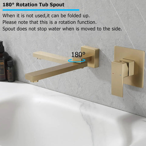 Gold wall-mounted tub spout with 180° rotation above a bathtub