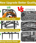 Comparison of heavy duty garden hose holder with storage basket highlighting rust-proof coating and anchor points.
