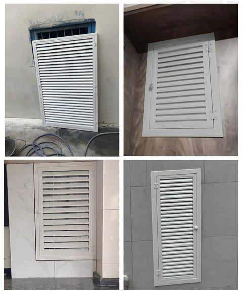 Top Tier Aluminum Louvered Vent Access Panel With Slick Handle Recessed Magnetic Inspection Hatch For Drywall Plumbing Attic And Kitchen Walls, shown in multiple installation angles.