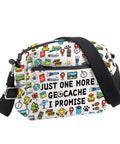 Just One More Geocache I Promise Crossbody Bag For Geocachers Gift with colorful geocaching icons, adjustable strap and zipper.