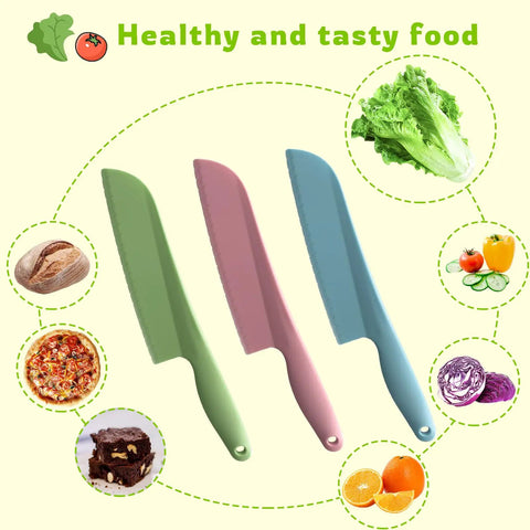 Three 11 Inch Plastic Lettuce Knives With Serrated Blade To Keep Greens Kickin Fresh And Block Browning, Nonstick Safe for various foods.