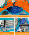 Close-up of 5L Hydration Vest Backpack with 2L Water Bladder, orange nylon mesh, showing internal compartments and water pipe fixing strap