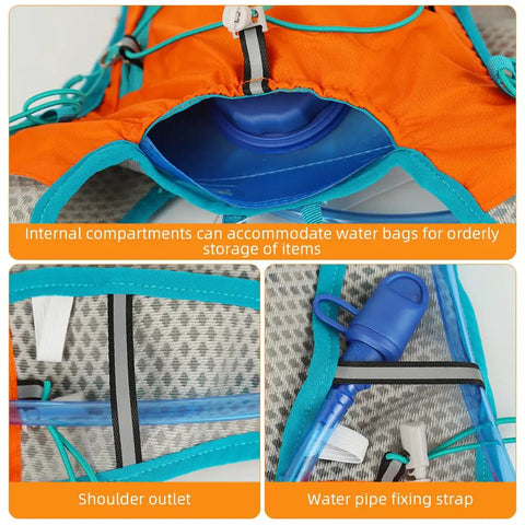 Close-up of 5L Hydration Vest Backpack with 2L Water Bladder, orange nylon mesh, showing internal compartments and water pipe fixing strap