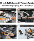 8.5 Inch Dust Free Table Saw With Beast Mode Motor And No Fuss Accuracy delivering straight cuts and vacuum function details.