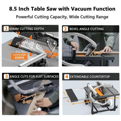 8.5 Inch Dust Free Table Saw With Beast Mode Motor And No Fuss Accuracy delivering straight cuts and vacuum function details.