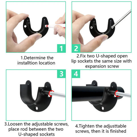 Black Closet Rod End Brackets For 1 Inch Rods Two Pack With U Shaped Socket Easy Install showing 4-step rod mount setup
