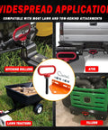 Collage showing Universal Heavy Duty Mower Trailer Hitch With Neodymium Magnetic Pin And Two Bolts Combo Pack Red And Orange applications.