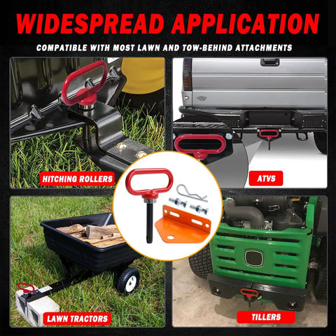 Collage showing Universal Heavy Duty Mower Trailer Hitch With Neodymium Magnetic Pin And Two Bolts Combo Pack Red And Orange applications.