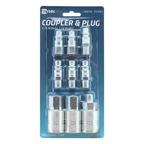 Heavy Duty 3 By 8 Inch High Flow Air Coupler And Plug Kit With 1 By 4 Inch NPT Threads Steel 9 Piece Set in packaging