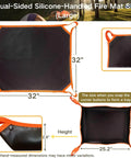 Beefy Built Dual Sided Fireproof Mat For Under Fire Pit 32 By 32 Inch with silicone handles showing dimensions and features