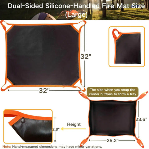 Beefy Built Dual Sided Fireproof Mat For Under Fire Pit 32 By 32 Inch with silicone handles showing dimensions and features