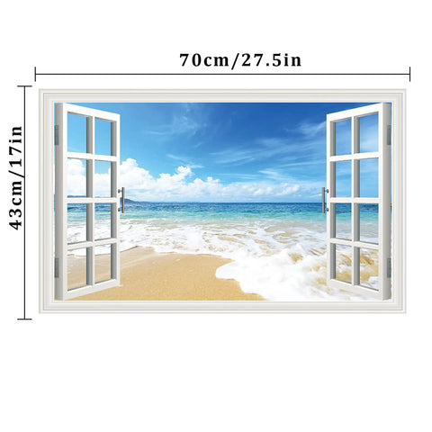 Beach Seascape 3D Fake Window Wall Sticker Removable Faux Window Decal Landscape For Living Room And Bedroom Easy Peel