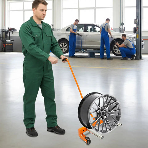 Mechanic using Beefy Heavy Duty Tire Dolly For Garage And Auto Repair Wheel Tire Moving Cart in auto shop