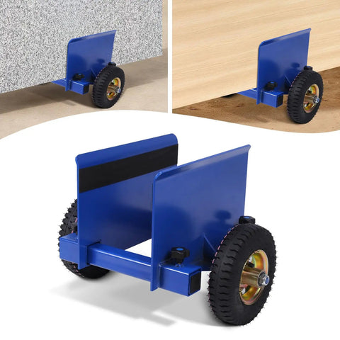 Heavy Duty Drywall Cart And 550 Lb Panel Mover with smooth rolling pneumatic wheels, blue steel frame, and rubber bumper pads.