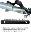 Close-up of durable steel angled bike trailer coupler with flexible TPU rod for universal trailers, featuring easy attach system.