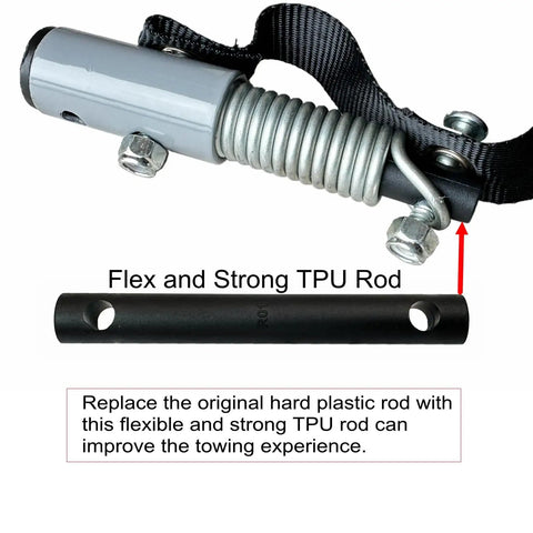 Close-up of durable steel angled bike trailer coupler with flexible TPU rod for universal trailers, featuring easy attach system.