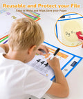 Child using Dry Erase Pockets With Rings, 30 Pack, 10x14 Oversized Clear Sheet Protectors in blue for practicing writing.