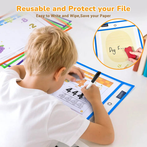 Child using Dry Erase Pockets With Rings, 30 Pack, 10x14 Oversized Clear Sheet Protectors in blue for practicing writing.