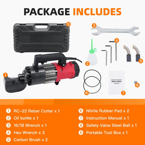 NAYAMOL 1400W Hydraulic Rebar Cutter Fast 2-3s Cutting Speed Portable Rebar Shear Machine with accessories in toolbox.
