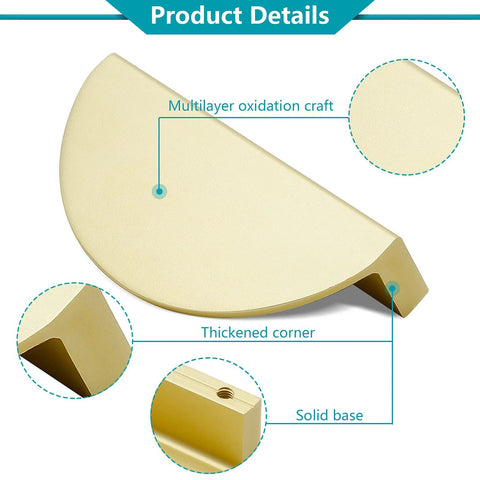 Close-up of Brushed Brass Half Moon Cabinet Pulls 4 Pack showing multilayer oxidation craft, thickened corner, and solid base.