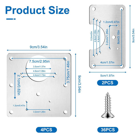Diagram showing Six Pack Stainless Steel Cabinet Hinge Repair Plates With 36 Self Tapping Screws, dimensions labeled.