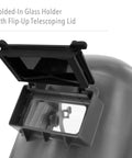 Close-up of Tigerhood Classic Thermoplastic Welding Helmet with flip-up lid, gray, molded-in glass holder, heat-resistant