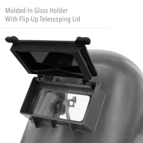 Close-up of Tigerhood Classic Thermoplastic Welding Helmet with flip-up lid, gray, molded-in glass holder, heat-resistant