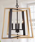 Black And Gold Farmhouse Pendant Light With Free Swinging Arms, Modern 20 Inch Wide Chandelier, 4 Matte Iron Candle Lights