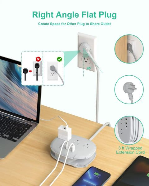 USB C Portable Travel Power Strip With Three Outlets And Three USB Ports Fast Charge For Cruise Or Home Office showing flat plug in use