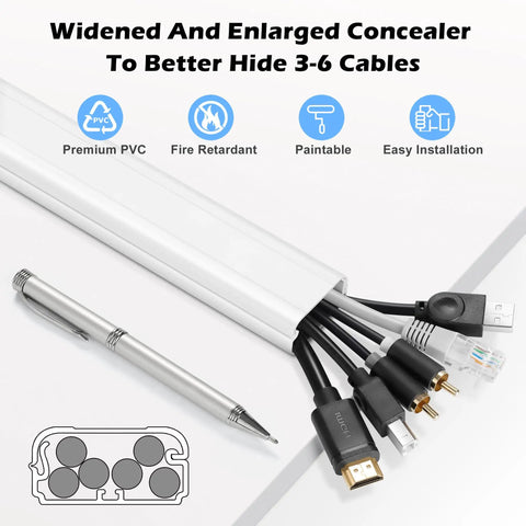 TV Cord Hider 39 Inch Wall Cable Concealer Kit showing concealer with cables and pen for scale, premium PVC, fire retardant