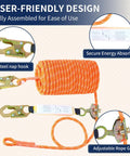 Heavy Duty Fall Protection Rope 50Ft Vertical Lifeline System With Rope Grab Snap Hooks And Shock Absorber, orange polyester rope