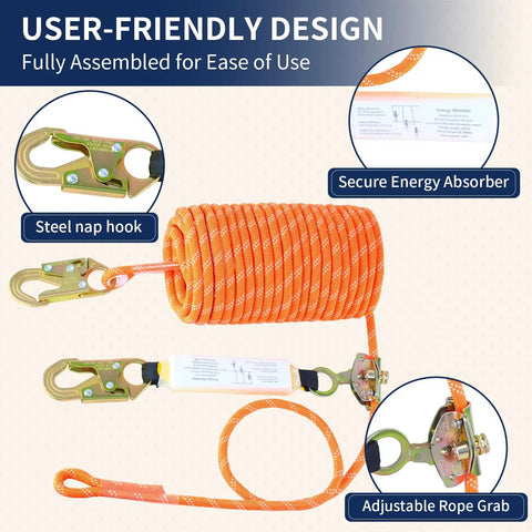 Heavy Duty Fall Protection Rope 50Ft Vertical Lifeline System With Rope Grab Snap Hooks And Shock Absorber, orange polyester rope