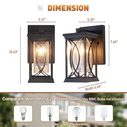 Outdoor Wall Lanterns With Dusk To Dawn Sensor Sleek Black Aluminum Exterior Light Fixture With Crack Like Glass Durable IP65 Waterproof Sconce For Porch Garage Front Door, showing product dimensions and bulb compatibility.