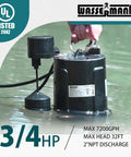 3/4 HP Submersible Sewage Pump With Auto Float Switch 2 Inch NPT Discharge 115V 7200 GPH Cast Iron Sump Pump For Basement Drainage Heavy Duty 10 Ft Cable Max Head 32 Ft