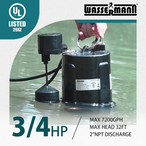 3/4 HP Submersible Sewage Pump With Auto Float Switch 2 Inch NPT Discharge 115V 7200 GPH Cast Iron Sump Pump For Basement Drainage Heavy Duty 10 Ft Cable Max Head 32 Ft