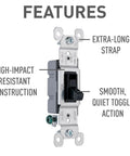 Trademaster 15 Amp Single Pole Toggle Light Switch Black Residential Grade With Side Wire And Push Wire Terminals showing features.