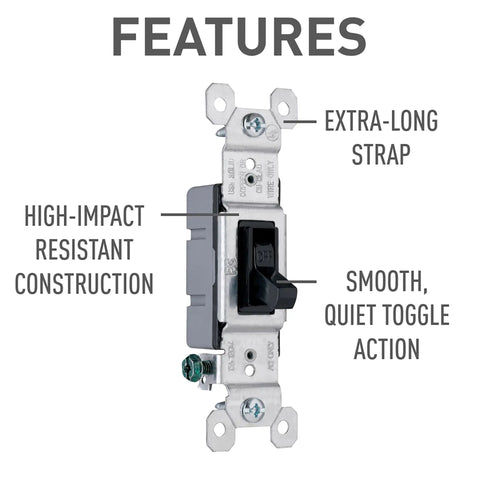 Trademaster 15 Amp Single Pole Toggle Light Switch Black Residential Grade With Side Wire And Push Wire Terminals showing features.