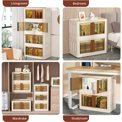 Hella Roomy 76 QT Storage Bins With Heavy Duty Snap Lid Covers, Badass Collapsible Foldable Stackable Crates in various home settings.