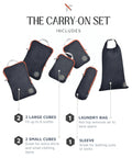 Compression Packing Cubes For Travel Six Piece Lightweight Organizer Set; includes cubes, sleeve, and laundry bag in grey and orange.