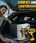 Man placing Cordless Tire Inflator Air Compressor With Dewalt 20V Battery Compatibility in car trunk.