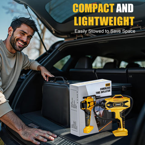 Man placing Cordless Tire Inflator Air Compressor With Dewalt 20V Battery Compatibility in car trunk.