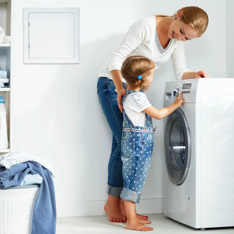 Front view of QWORK 10x10-inch white plastic drywall access panel, removable wall access door for plumbing and HVAC