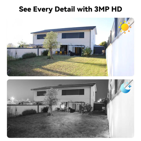 Day and night view of home captured by Wired 4 Channel 5MP Lite AHD DVR Security System With 500GB Hard Drive 4 Indoor Outdoor 3MP CCTV Cameras Human Detection Night Vision Plug And Play Setup Reliable Local Surveillance Kit For Home Or Small Business