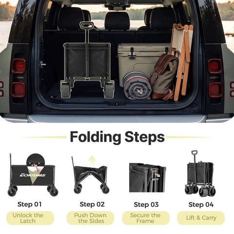 Heavy Duty Folding Wagon Cart For Camping And Beach 400 Lb Capacity All Terrain 9cm Wide Wheels in car trunk