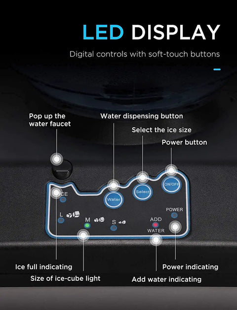 Top Shelf Electric Ice Cube Maker Machine With Integrated Water Dispenser digital control panel with soft-touch buttons.