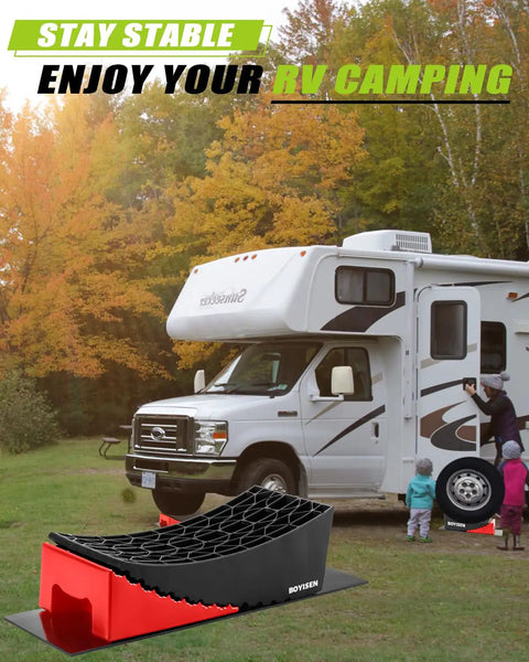 RV Leveling Blocks 2 Pack With Ramp Kit For Camper And Travel Trailer, heavy duty black blocks under RV wheels