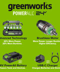 Gnarly 24V Brushless Cordless Impact Driver With Badass 1950 Inch Pound Torque And Fast Swap Hex Collet Two Point Zero Amp Hour Battery Paired With Lightning Fast Usb Charger And Reinforced Braided Cable Built Tough, showcasing brushless motor technology.